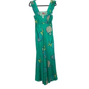 Anthropologie Annpayaa silk sleeveless maxi dress turquoise with fish 4 NWT